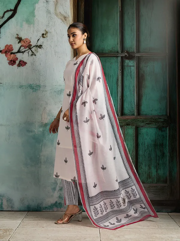 White_Cotton_Blend_Printed_Straight_Kurta_Pant_Dupatta_Set_For_Women