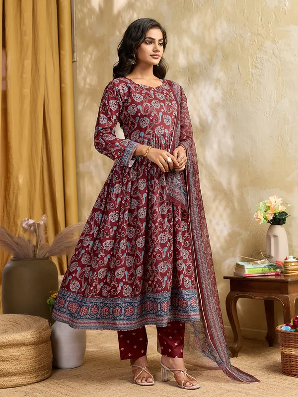 Maroon_Cotton_Blend_Flared_Anarkali_Kurta_Pant_Dupatta_Set_For_Women