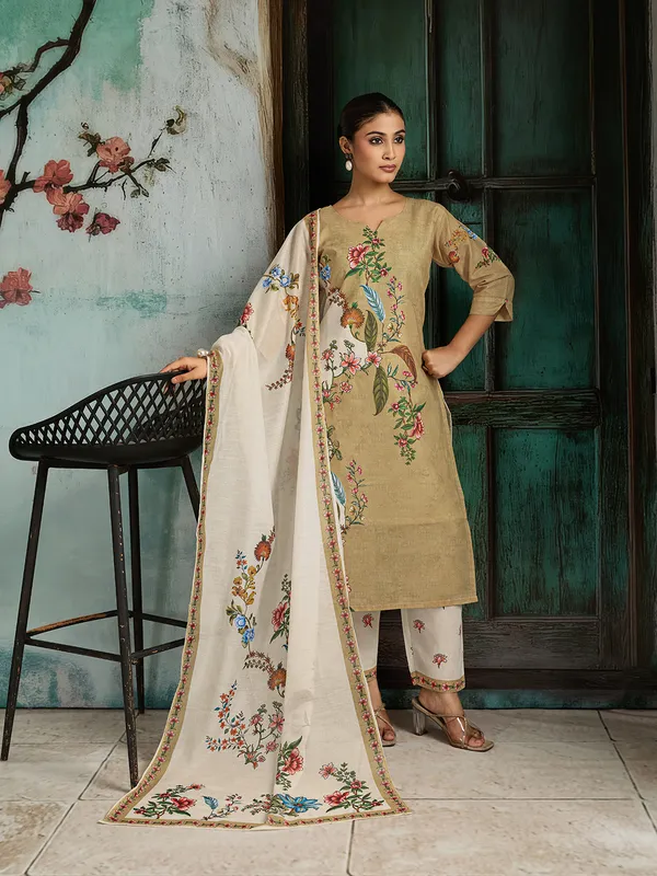 Beige_Cotton_Blend_Floral_Print_Straight_Kurta_Pant_Dupatta_Set_For_Women
