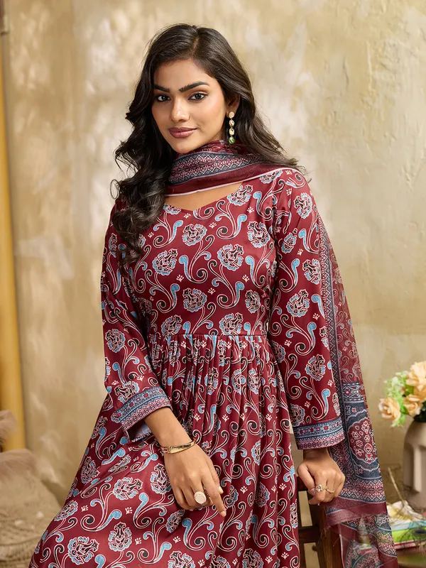 Maroon_Cotton_Blend_Flared_Anarkali_Kurta_Pant_Dupatta_Set_For_Women
