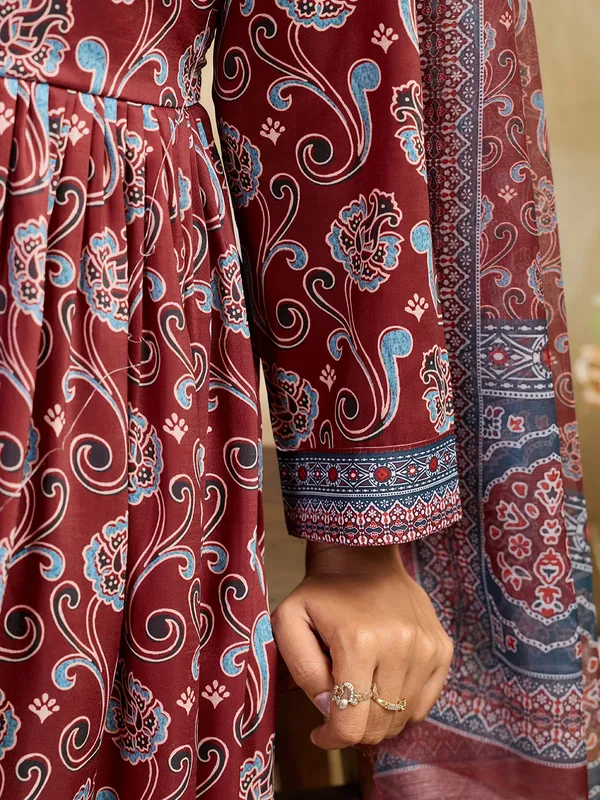 Maroon_Cotton_Blend_Flared_Anarkali_Kurta_Pant_Dupatta_Set_For_Women