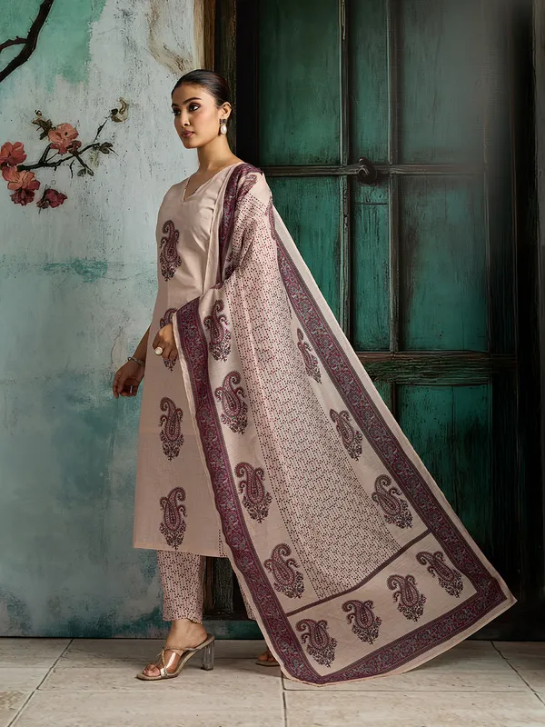 Beige_Cotton_Blend_Straight_Kurta_Pant_Dupatta_Set_For_Women