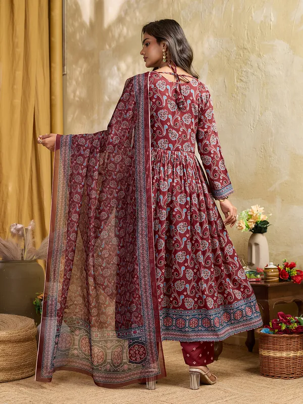 Maroon_Cotton_Blend_Flared_Anarkali_Kurta_Pant_Dupatta_Set_For_Women
