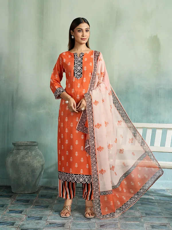 Orange_Cotton_Blend_Printed_Straight_Kurta_Pant_Dupatta_Set_For_Women