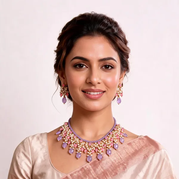 Pink_Lavender_Beaded_Necklace_And_Earrings_Set_For_Women