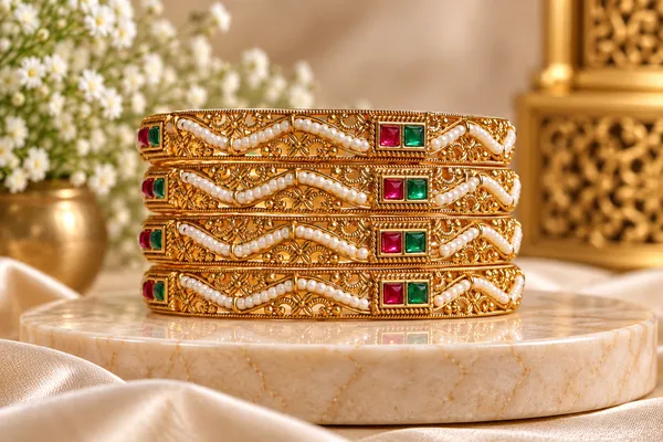 Gold_Tone_Pearl_Embellished_Bangle_Set_For_Women
