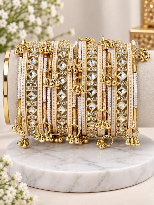 White_Gold_Tone_Embellished_Bangle_Set_For_Women