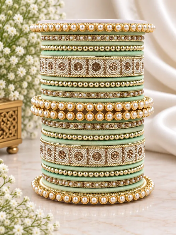 Green_Pearl_Embellished_Bangle_Set_For_Women