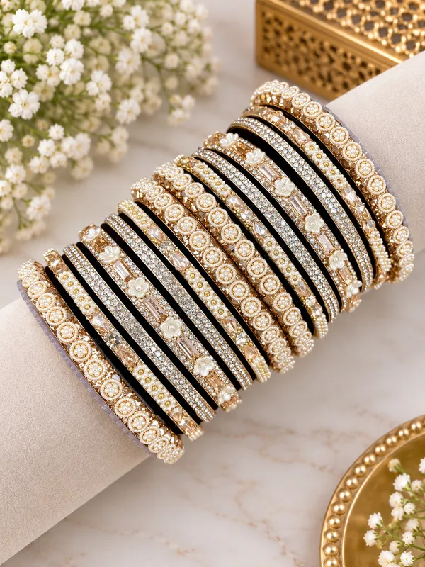 Black_Gold_Tone_Embellished_Bangle_Set_For_Women