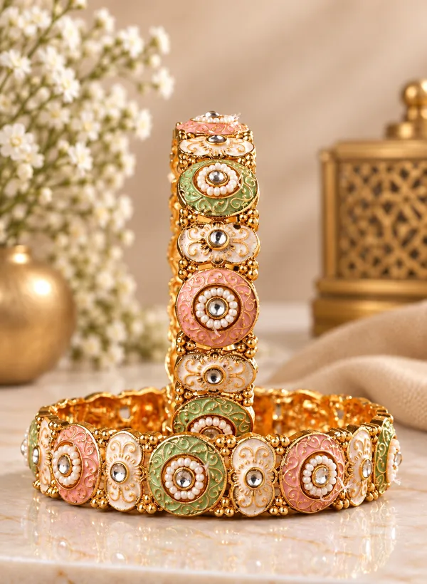 Gold_Tone_Multicolour_Enamel_Pearl_Bangle_Set_For_Women