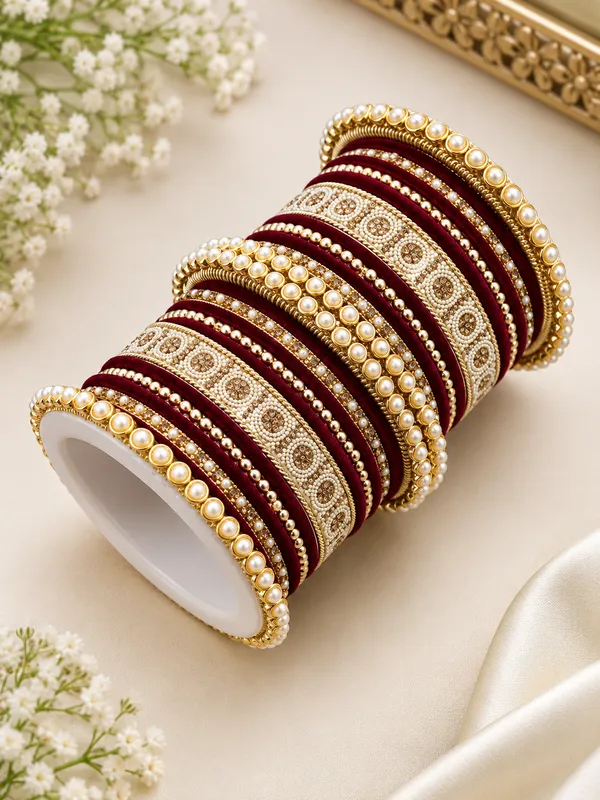 Maroon_Gold_Tone_Pearl_Embellished_Bangle_Set_For_Women