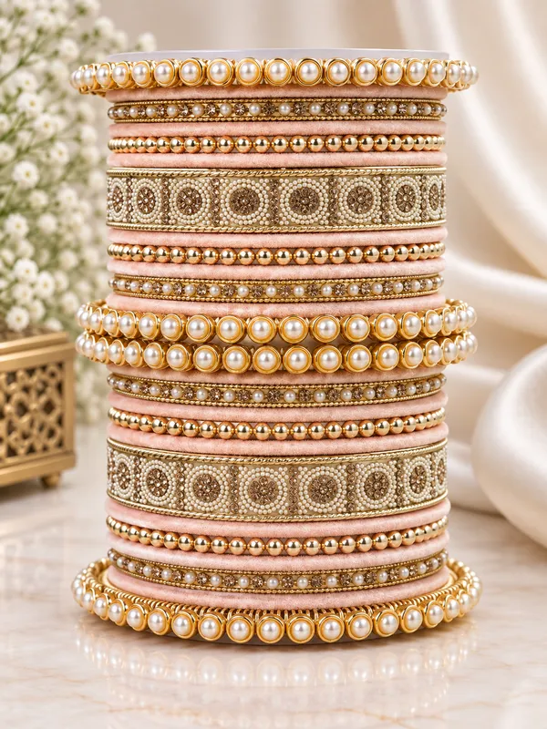 Gold_Tone_Pearl_Embellished_Bangle_Set_For_Women