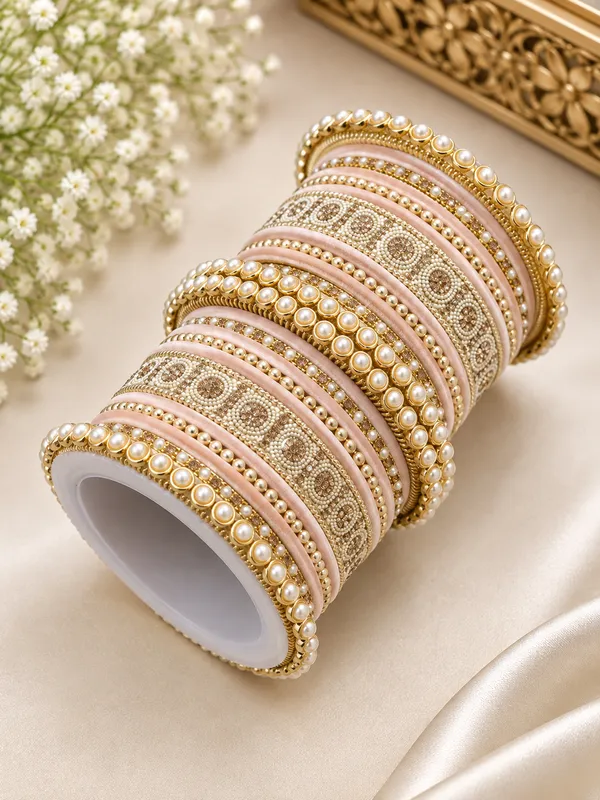 Gold_Tone_Pearl_Embellished_Bangle_Set_For_Women