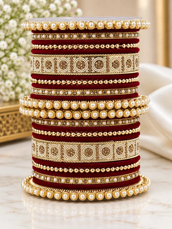 Maroon_Gold_Tone_Pearl_Embellished_Bangle_Set_For_Women