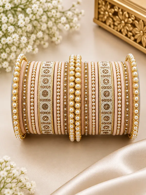 Gold_Tone_Pearl_Embellished_Bangle_Set_For_Women