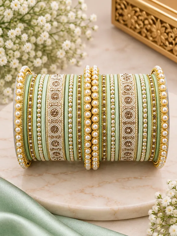 Green_Pearl_Embellished_Bangle_Set_For_Women