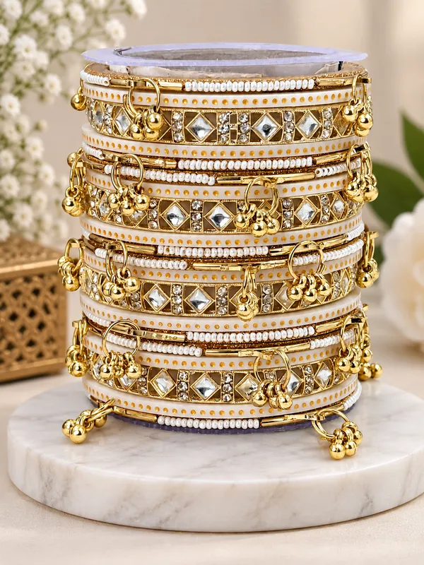 White_Gold_Tone_Embellished_Bangle_Set_For_Women