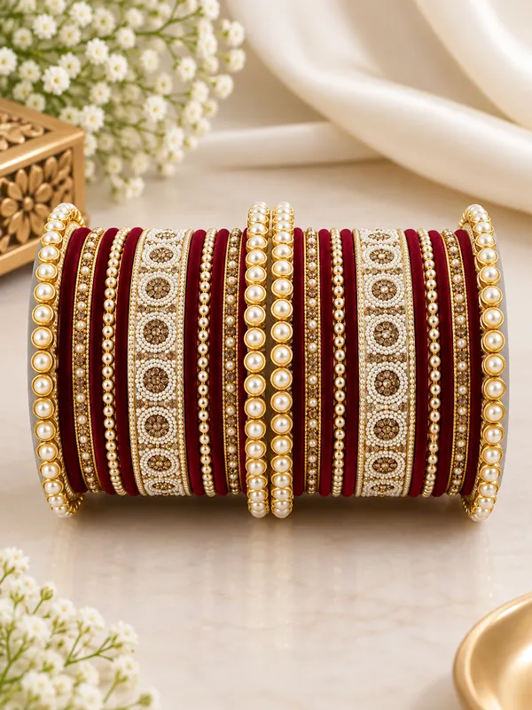 Maroon_Gold_Tone_Pearl_Embellished_Bangle_Set_For_Women