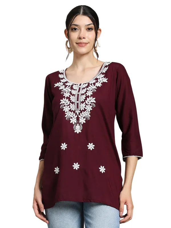Maroon_Cotton_Straight_Fit_Embroidered_Short_Kurti_For_Women
