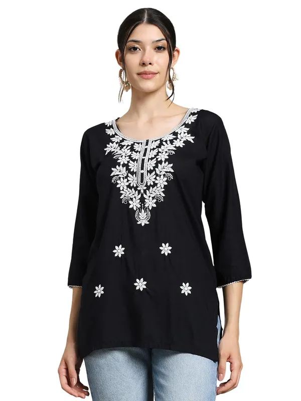 Black_Cotton_Straight_Fit_Embroidered_Short_Kurti_For_Women