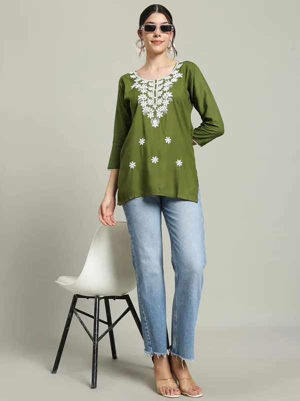 Light_Green_Cotton_Straight_Fit_Embroidered_Short_Kurti_For_Women