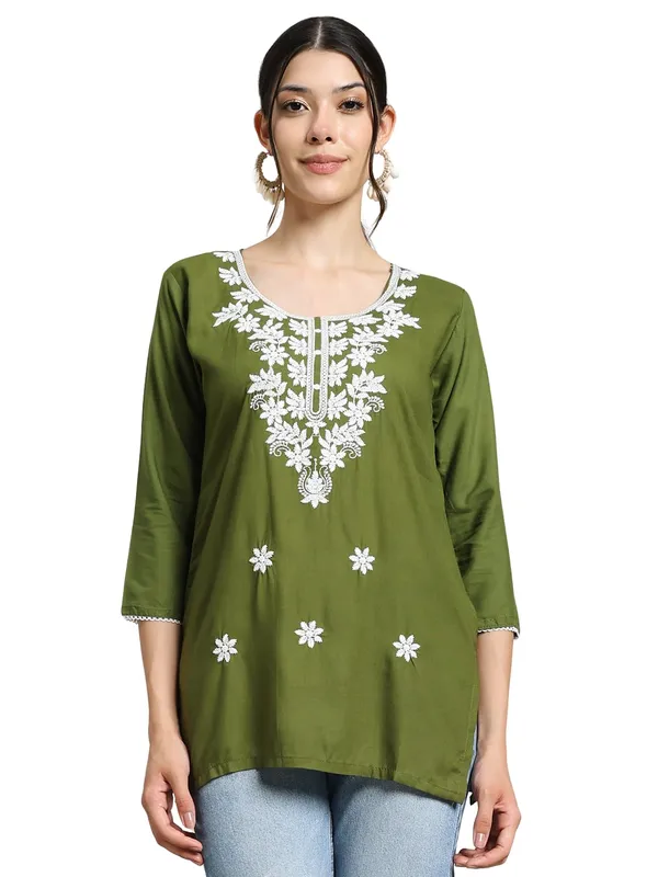 Light_Green_Cotton_Straight_Fit_Embroidered_Short_Kurti_For_Women
