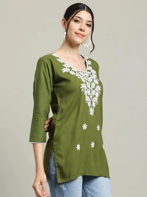 Light_Green_Cotton_Straight_Fit_Embroidered_Short_Kurti_For_Women