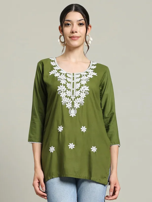 Light_Green_Cotton_Straight_Fit_Embroidered_Short_Kurti_For_Women