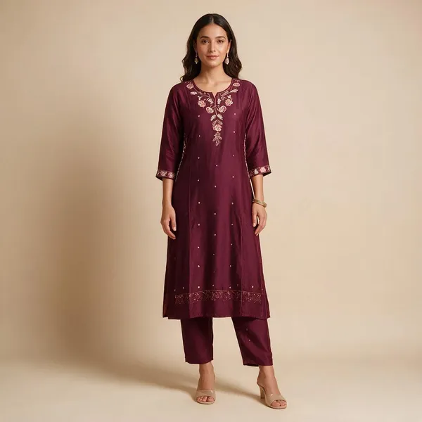 Maroon_Embroidered_Relaxed_Kurta_Set_For_Women