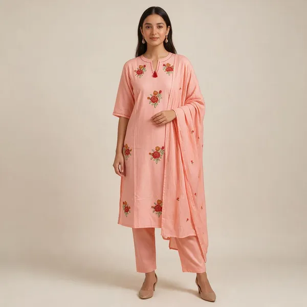 Peach_Floral_Print_Straight_Kurta_Set_For_Women
