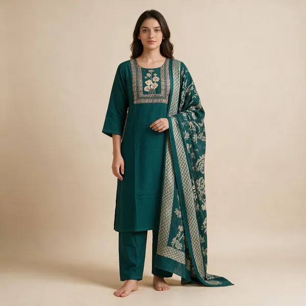 Teal_Floral_Embroidered_Straight_Kurta_Set_For_Women