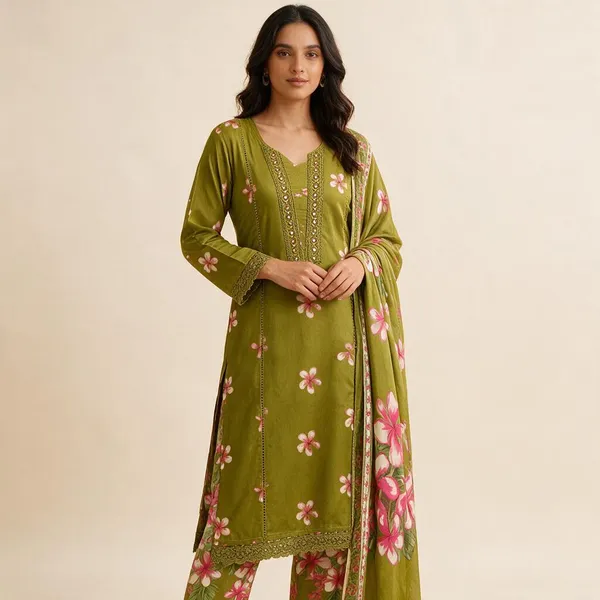 Olive_Green_Floral_Print_Straight_Kurta_Set_For_Women