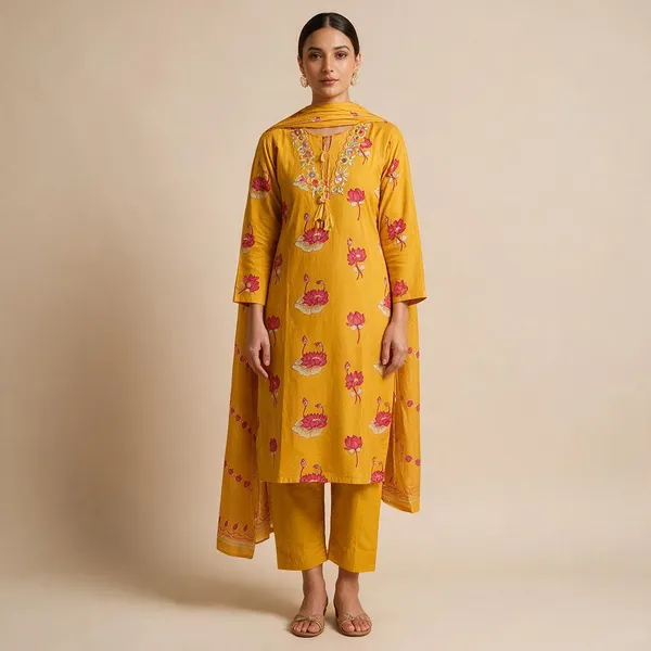 Mustard_Floral_Print_Straight_Kurta_Set_For_Women