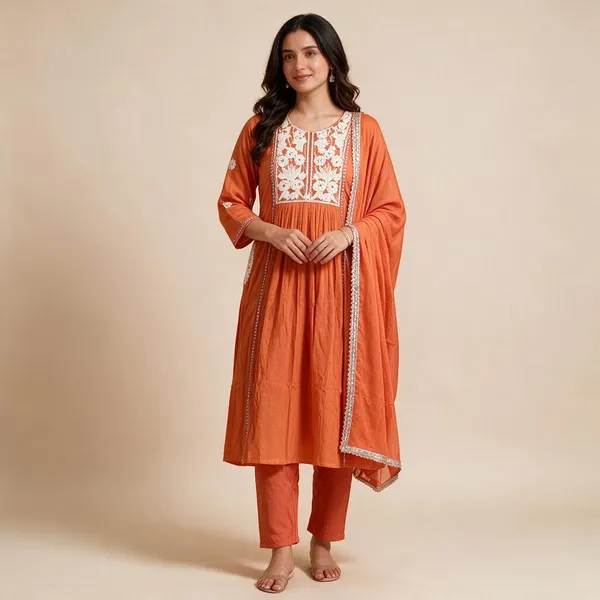 Orange_Embroidered_Flared_Kurta_Set_For_Women