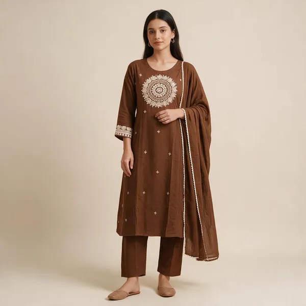 Brown_Embroidered_Straight_Kurta_Set_For_Women
