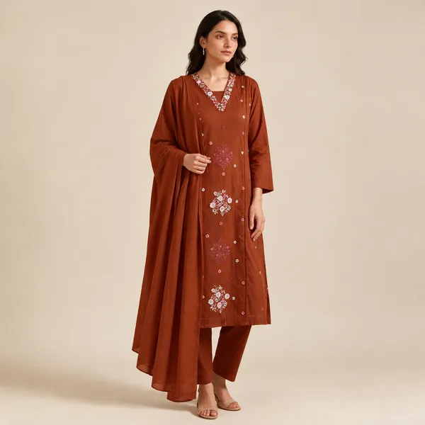 Brown_Floral_Embroidered_Straight_Kurta_Set_For_Women