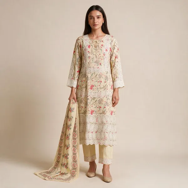Beige_Floral_Print_Straight_Kurta_Set_For_Women