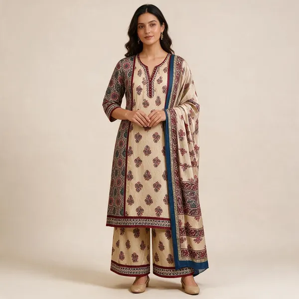 Maroon_And_Beige_Floral_Print_Kurta_Pant_Dupatta_Set_For_Women