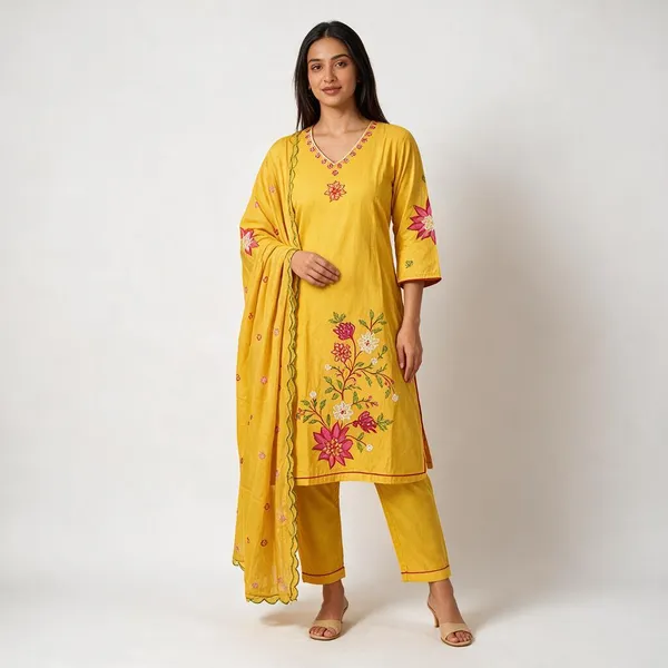 Yellow_Floral_Embroidered_Straight_Kurta_Set_For_Women