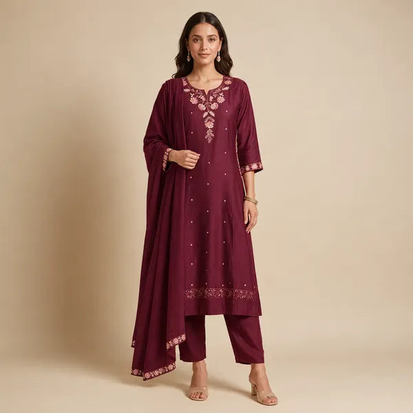 Maroon_Embroidered_Relaxed_Kurta_Set_For_Women