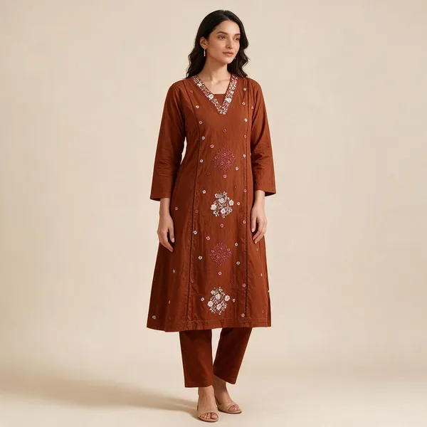 Brown_Floral_Embroidered_Straight_Kurta_Set_For_Women