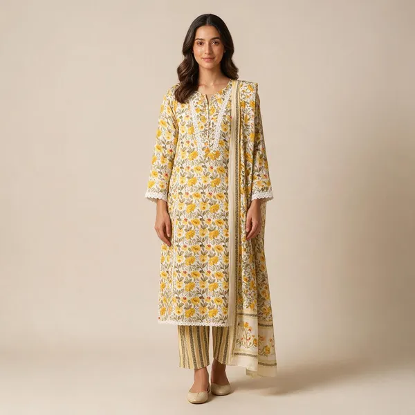 Yellow_Floral_Print_Straight_Kurta_Set_For_Women