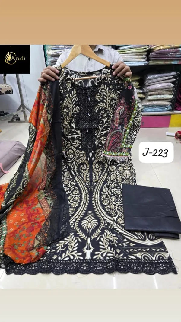 Black_And_Orange_Premium_Cotton_Kurti_With_Pant_And_Dupatta_Set_For_Women