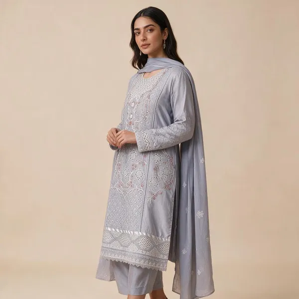Grey_Premium_Polyester_Kurti_With_Pant_And_Dupatta_Set_For_Women