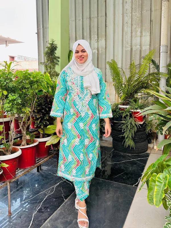 aqua_green_Mal_lmal_cotton_kurti_and_pant_set