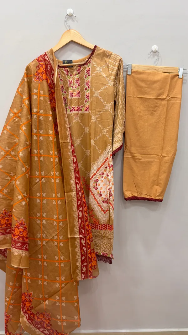 Beige_Premium_Cotton_Kurti_With_Pant_And_Dupatta_Set_For_Women