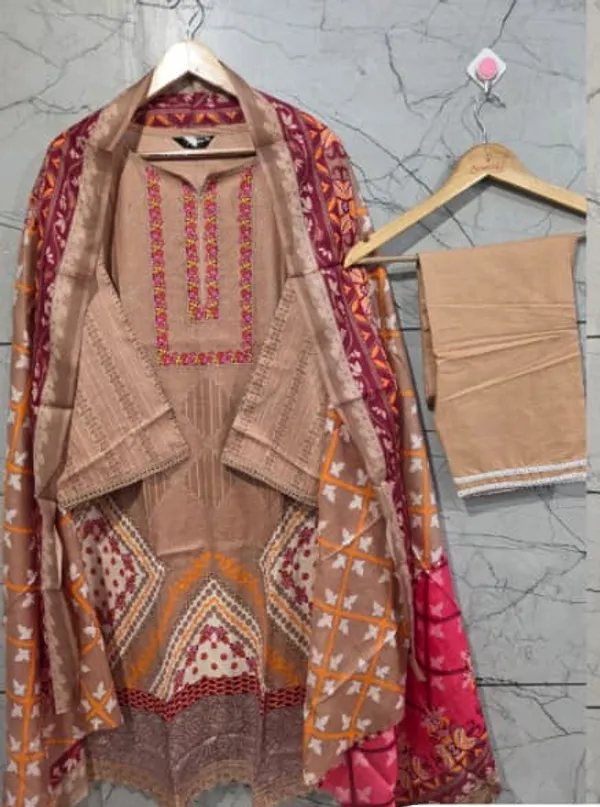 Beige_Premium_Cotton_Kurti_With_Pant_And_Dupatta_Set_For_Women