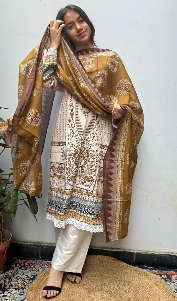 Mustard_Brown_Premium_Polyester_Kurti_With_Pant_And_Dupatta_Set_For_Women