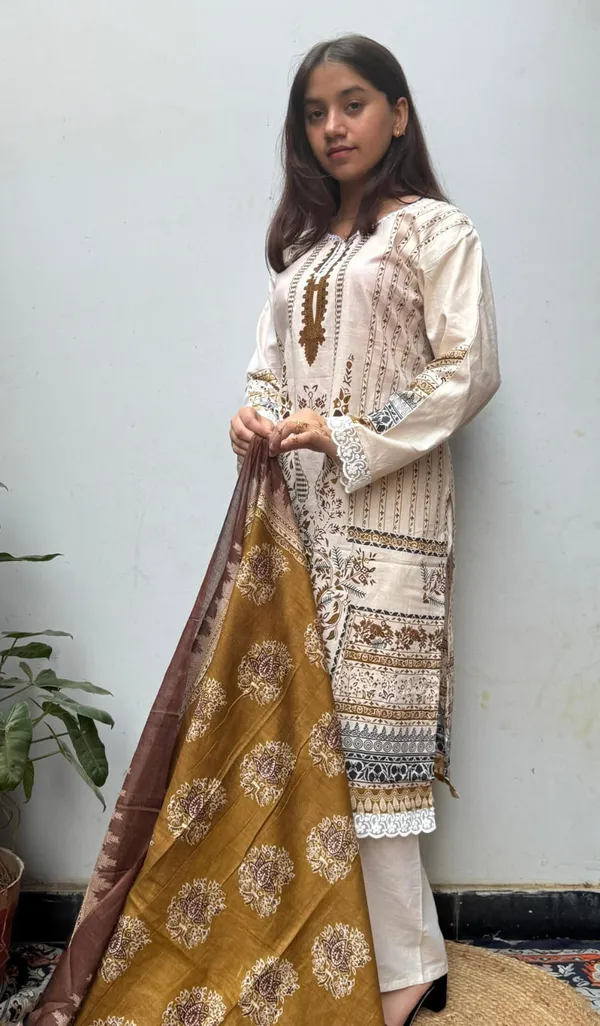 Mustard_Brown_Premium_Polyester_Kurti_With_Pant_And_Dupatta_Set_For_Women