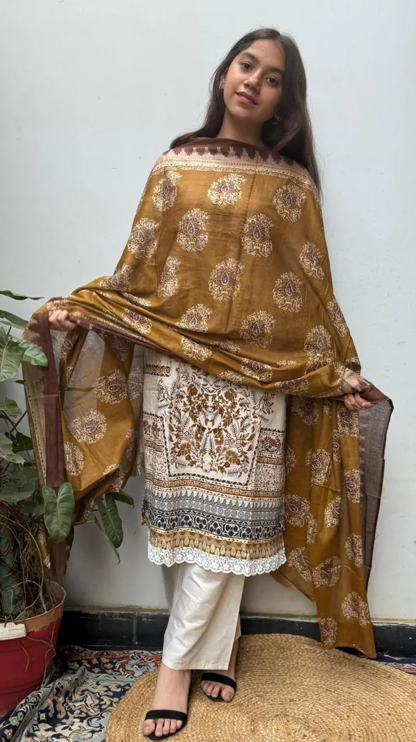 Mustard_Brown_Premium_Polyester_Kurti_With_Pant_And_Dupatta_Set_For_Women